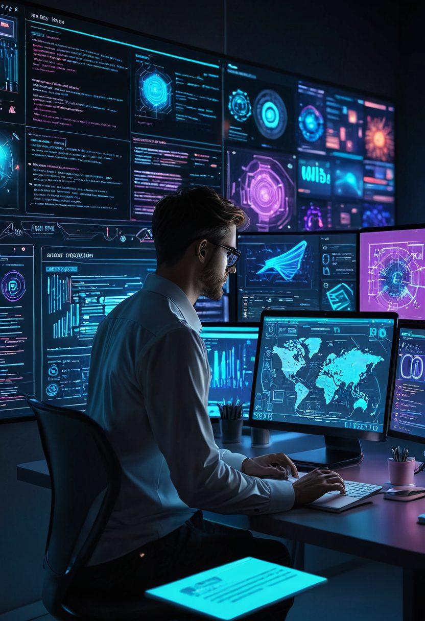 A futuristic digital workspace featuring a sleek laptop with glowing code, surrounded by interactive holograms showcasing responsive web designs, sleek typography, and dynamic animations. In the background, a stylized, professional adult figure confidently navigating the digital realm. vibrant colors. 3D. high-tech aesthetic.